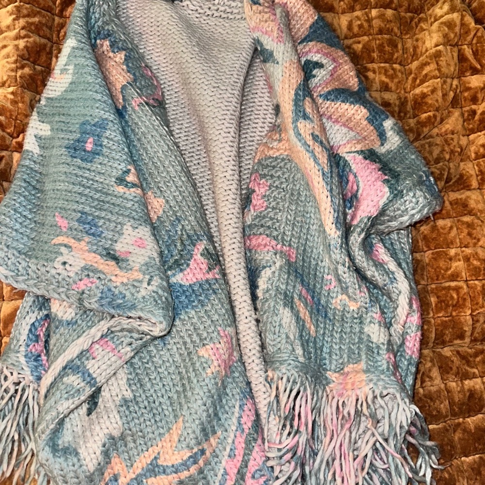 Anthropologie Pastel Blue Floral Fringe Knit Poncho